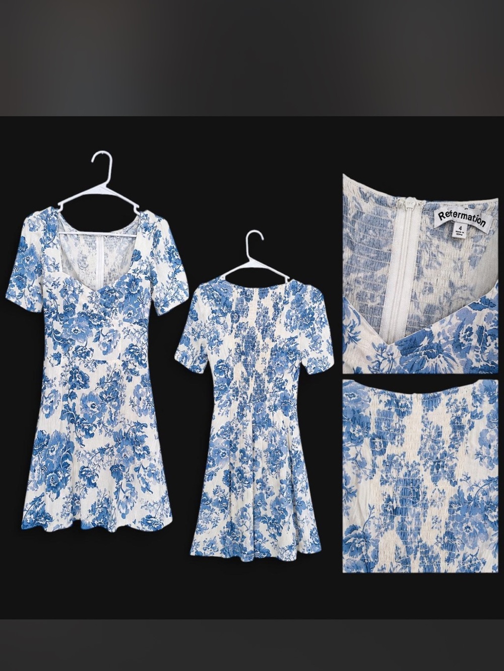Reformation Floral Square-Neck Mini Dress in Blue and White